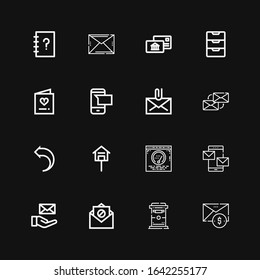 Editable 16 send icons for web and mobile. Set of send included icons line Email, Mailbox, Mails, Post, Return, Mail, Sms, Invitation, Inbox, Postal, Contacts on black background