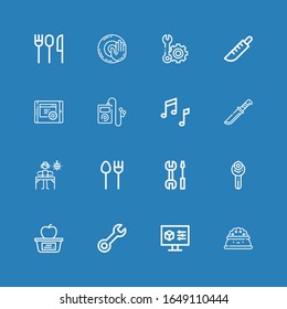Editable 16 setting icons for web and mobile. Set of setting line icons including:  Plate, Settings, Wrench, Lunch, Cutlery, DJ, Knife, Music, Setting, Dj music on blue background