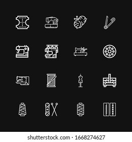 Editable 16 sew icons for web and mobile. Set of sew included icons line Stitches, Thread, Knit, Sewing box, Mannequin, Thread spool, Sewing machine, Bobbin on black background