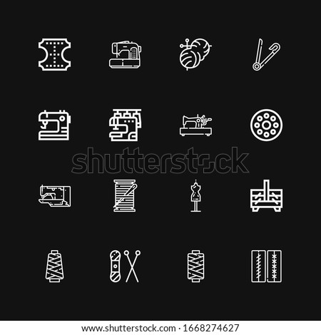 Editable 16 sew icons for web and mobile. Set of sew included icons line Stitches, Thread, Knit, Sewing box, Mannequin, Thread spool, Sewing machine, Bobbin on black background