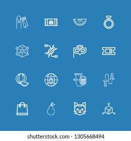 Editable 16 shadow icons for web and mobile. Set of shadow included icons line Cube, Cat, Pear, Shopping bag, Skipping rope, Tuba, Global, Watermelon, Ticket on blue background