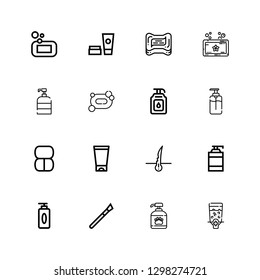 Editable 16 shampoo icons for web and mobile. Set of shampoo included icons line Dispenser, Shampoo, Makeup, Gel, Hair, Soap, Cosmetics on white background