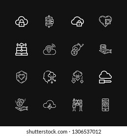 Editable 16 sharing icons for web and mobile. Set of sharing included icons line Charity, Hope, Cloud, Donation, Cloud computing, Food donation, Donate, Send data on black background