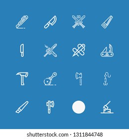 Editable 16 sharp icons for web and mobile. Set of sharp included icons line Axe, Knife, Cutter, Hook, Pizza cutter, Swiss army knife, Needle, Sword, Saw, Swords on blue background