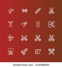 Editable 16 shear icons for web and mobile. Set of shear included icons line Scissors, Shear, Cut, Shears on red