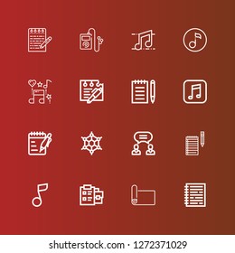 Editable 16 sheet icons for web and mobile. Set of sheet included icons line Notebook, Mat, Notepad, Musical note, Notes, Agreement, Graphene, Music, Note, Quaver on red