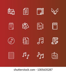 Editable 16 sheet icons for web and mobile. Set of sheet included icons line Note, Music notes, Music, Paper, Contract, Quaver, Notebook, Notepad, Agreement, Notes on red