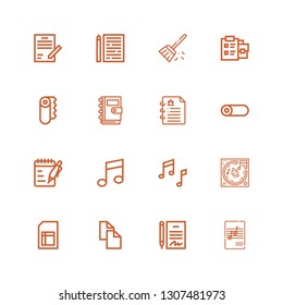 Editable 16 sheet icons for web and mobile. Set of sheet included icons line Music, Contract, Copy, Sheet, Notes, Roll, Notebook, Paper, Notepad, Sweep on white background