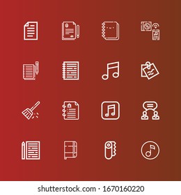 Editable 16 sheet icons for web and mobile. Set of sheet included icons line Quaver, Paper, Notebook, Sheet, Agreement, Music, Contract, Sweep, Note, Notes on red