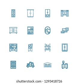 Editable 16 shelf icons for web and mobile. Set of shelf included icons line Nightstand, Warehouse, Shelf, Shelves, Wardrobe, Bookshelf, Window, Bookcase, Windows on white background