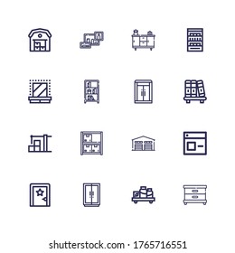 Editable 16 shelf icons for web and mobile. Set of shelf included icons line Nightstand, Shelf, Wardrobe, Dressing room, Window, Warehouse, Stock, Bookshelf on white background