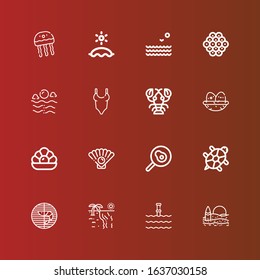 Editable 16 shell icons for web and mobile. Set of shell included icons line Beach, Underwater, Prawn, Tortoise, Fried egg, Oyster, Pearl, Nest, Lobster, Swimsuit, Sea on red