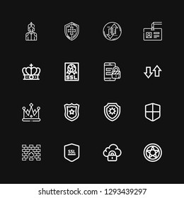 Editable 16 shield icons for web and mobile. Set of shield included icons line Data protection, Security, Ssl, Firewall, Shield, Police badge, Crown, Transfer on black background