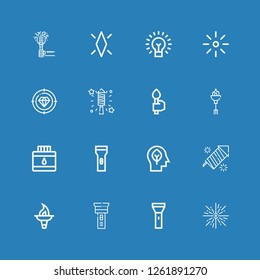 Editable 16 shine icons for web and mobile. Set of shine included icons line Firework, Flashlight, Torch, Fireworks, Inspiration, Ink, Diamond, Brightness, Lightbulb on blue background