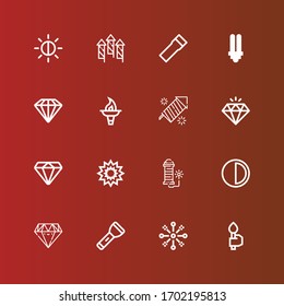 Editable 16 shine icons for web and mobile. Set of shine included icons line Torch, Fireworks, Flashlight, Diamond, Brightness, Explosion, Lightbulb on red