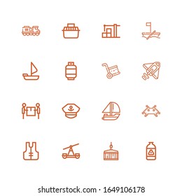 Editable 16 ship icons for web and mobile. Set of ship included icons line Gas, Crane, Train, Lifejacket, Invader, Yatch, Captain, Delivery, Rocket, Sailing boat on white background