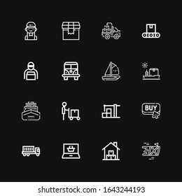 Editable 16 shipping icons for web and mobile. Set of shipping included icons line Delivery, Warehouse, Shopping online, Truck, Buy, Delivery man, Ship, Boat on black background