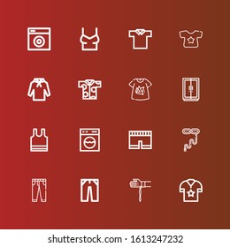 Editable 16 shirt icons for web and mobile. Set of shirt included icons line Shirt, Handkerchief, Jeans, Tie, Short, Washing machine, Sleeveless, Wardrobe, Tshirt, Hoodie on red