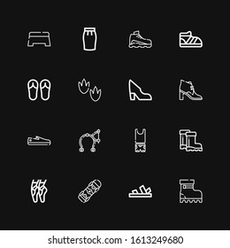 Editable 16 shoe icons for web and mobile. Set of shoe included icons line Boots, Sandals, Skateboard, Ballet, Clothes, Brake, Shoes, Boot, Shoe, Footprint on black background