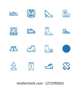 Editable 16 shoes icons for web and mobile. Set of shoes included icons line Scarf, Leprechaun shoe, Jeans, Ballerina, Boot, Boots, Sandals, Dressing room on white background