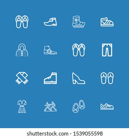 Editable 16 shoes icons for web and mobile. Set of shoes included icons line Sneakers, Shoes, Marathon, Fashion, Sandals, Shoe, Boot, Scarf, Jeans, Coat, Roller skate on blue background