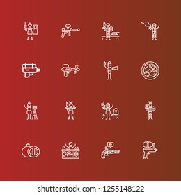 Editable 16 shooting icons for web and mobile. Set of shooting included icons line Water gun, Pistol, Paintball, Grenade, Photographer, Zorbing, Film director on red