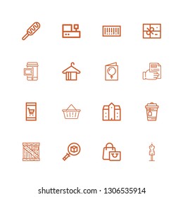 Editable 16 shop icons for web and mobile. Set of shop included icons line Mannequin, Shopping bag, Package, Tea, Mansion, Basket, Online shop, Receipt, Card on white background