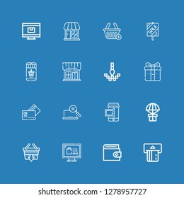 Editable 16 shopping icons for web and mobile. Set of shopping included icons line Atm, Wallet, Online shopping, Shopping basket, Gift, Online shop, Pixel, Payment method on blue background