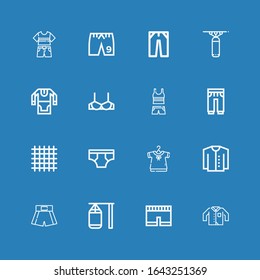 Editable 16 shorts icons for web and mobile. Set of shorts included icons line Clothing, Short, Punching bag, Boxing shorts, Cardigan, Underwear, Cloth, Sweatpants on blue background