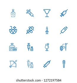 Editable 16 shot icons for web and mobile. Set of shot included icons line Weapons, Syringe, Vaccine, Archery, Needle, Cocktail, Whiskey, Brandy on white background