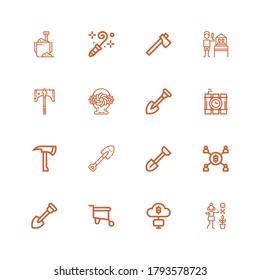 Editable 16 shovel icons for web and mobile. Set of shovel included icons line Gardener, Mining, Wheelbarrow, Shovel, Axe, Dinamite, Flower basket, Blower on white background
