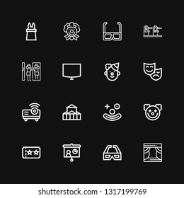 Editable 16 show icons for web and mobile. Set of show included icons line Stage, d glasses, Projector, Ticket, Clown, Theater, Theatre, Night stand, Amusement park on black background