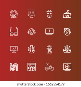 Bearbeitbar 16 zeigen Symbole für Web und Mobile. Set mit den Symbolen der Linie Fernsehen, Projektor, Vorhänge, Slide, Clown, Maske, Seelöwe, d Brille, Circus auf Rot