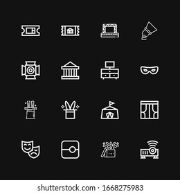 Editable 16 show icons for web and mobile. Set of show included icons line Projector, Magic, Slide, Theatre, Curtains, Circus, Magic hat, Mask, Television on black background