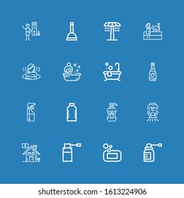 Editable 16 shower icons for web and mobile. Set of shower included icons line Spray, Soap, Real estate, Sprinkler, Shampoo, Water, Bath, Sauna, Shower, Plunger on blue background