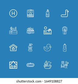 Editable 16 shower icons for web and mobile. Set of shower included icons line Doorman, Bath, Real estate, Water, Duck, Shampoo, Bathrobe, Swimming pool, Robe on blue background