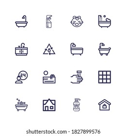 Editable 16 shower icons for web and mobile. Set of shower included icons line Real estate, Shampoo, Bath, Blanket, WASHING HANDS, Swimming pool, Room service on white background