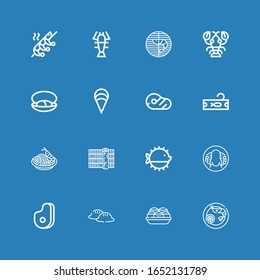 Editable 16 shrimp icons for web and mobile. Set of shrimp included icons line Prawn, Takoyaki, Dumpling, Meat, Peking duck, Puffer fish, Sushi, Pad thai, Tuna on blue background