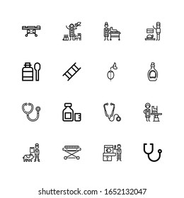 Editable 16 sick icons for web and mobile. Set of sick included icons line Stethoscope, Veterinarian, Stretcher, Syrup, Breathing on white background