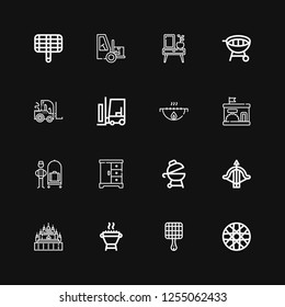 Editable 16 silhouettes icons for web and mobile. Set of silhouettes included icons line Spoke wheel, Grill, Thatbyinnyu temple, Crossbow, Closet, Bellhop on black background