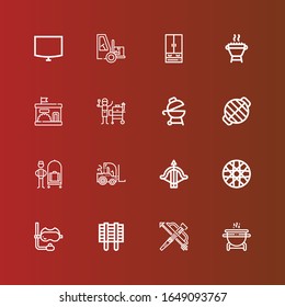 Iconos editables de 16 siluetas para web y móvil. Conjunto de siluetas incluye iconos línea Grill, Crossbow, Snorkel, Spoke Wheke, Forklift, Bellhop, Kindergarten, Closet on red
