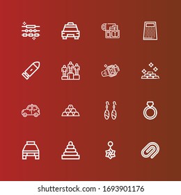 Editable 16 silver icons for web and mobile. Set of silver included icons line Paper clip, Belly piercing, Rings, Taxi, Ring, Earrings, Gold, Winning, Bullet, Grater, Jewelry on red
