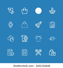 Editable 16 simplicity icons for web and mobile. Set of simplicity included icons line Shopping bag, Scissors, File, Dove, Clothes hanger, Bag, Watch, Anchor on blue background