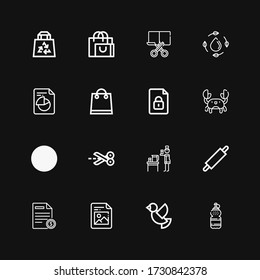 Editable 16 simplicity icons for web and mobile. Set of simplicity included icons line Water, Dove, File, Rolling pin, Scissors, Swimming pool, Crab, Shopping bag on black background