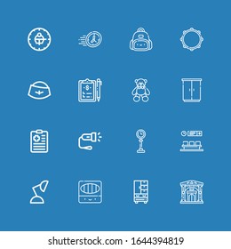 Bearbeitbar 16 Einzelsymbole für Web und Mobile. Set bestehend aus einzelnen Symbolen Linie Museum, Wardrobe, farbige Bleistifte, Lampe, Wartezimmer, Uhr, Blinklicht, Zwischenablage auf blauem Hintergrund