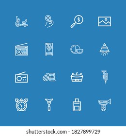 Editable 16 single icons for web and mobile. Set of single included icons line Trumpet, Luggage, Sausage, Alarm clock, Football, Casino chip, Radio, Lamp, Cheese on blue background