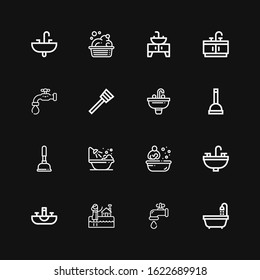Editable 16 sink icons for web and mobile. Set of sink included icons line Bathtub, Water tap, Bath, Sink, Plunger, Faucet, Bathroom, Washbowl on black background