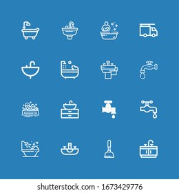 Editable 16 iconos de fregadero para web y móvil. Conjunto de lavabo incluido íconos línea Baño, Plunger, Sink, Bañera, Agua grieta, Faucet, Bath, Cuenca, Plomero sobre fondo azul