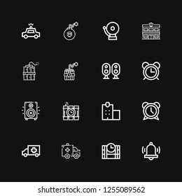 Editable 16 siren icons for web and mobile. Set of siren included icons line Alarm, Dinamite, Ambulance, Police station, Loudspeaker, Dynamite, Police car on black background