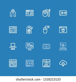 Editable 16 site icons for web and mobile. Set of site included icons line Upload, Browser, Hat, Ticket, Password, Homepage, Mouse, Tag, Css, Expander on blue background